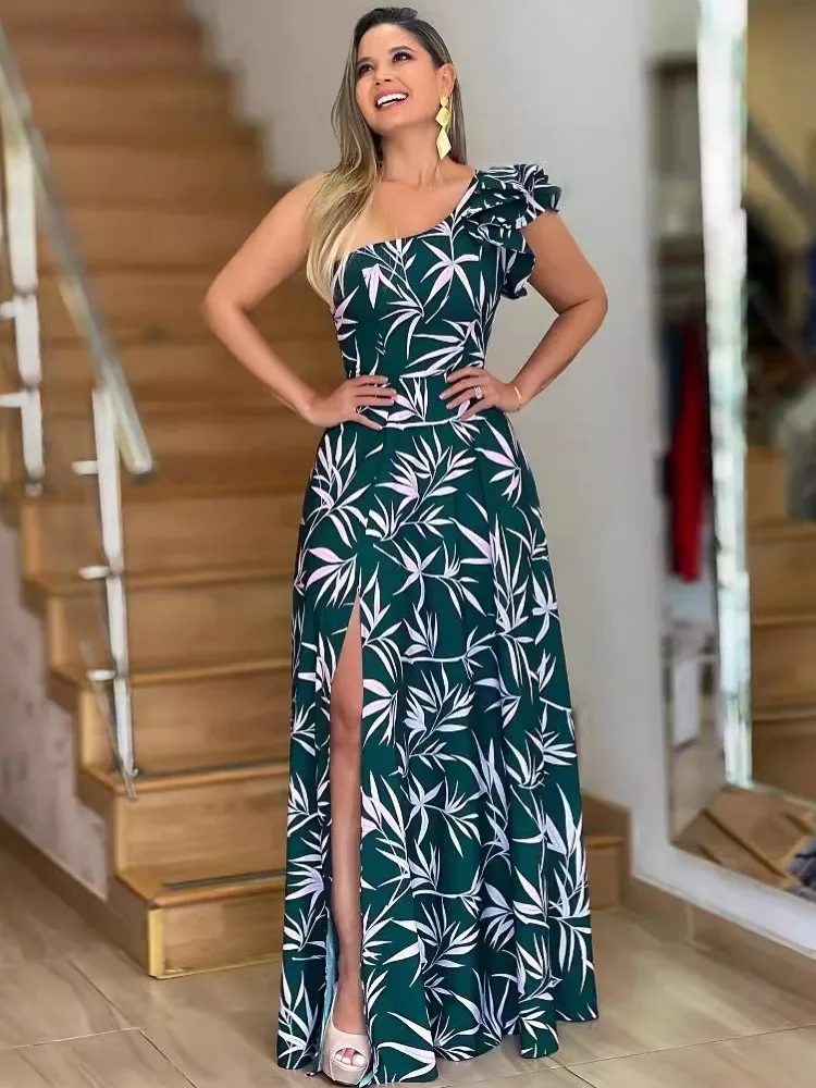 African Dresses For Women One Shoulder Elegant Polyester New Muslim Fashion Abayas Dashiki Robe Kaftan Maxi Dress Turkish Africa
