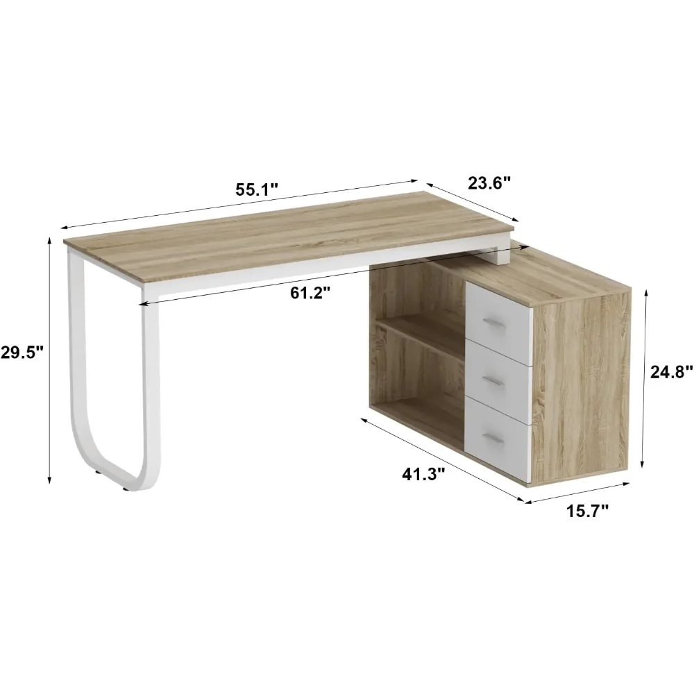 Home Office Computer Desk Corner Desk with 3 Drawers and 2 Shelves, 55 Inch Large L-Shaped Study Writing Table