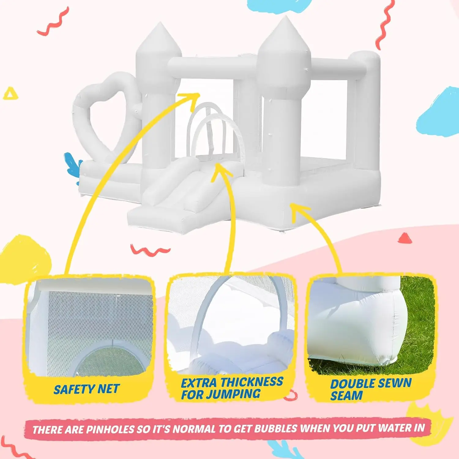 Château gonflable blanc de maison de rebond avec la conception de coeur, château gonflable d'intérieur, maison gonflable extérieure pour la fête de mariage d'arrière-cour, J