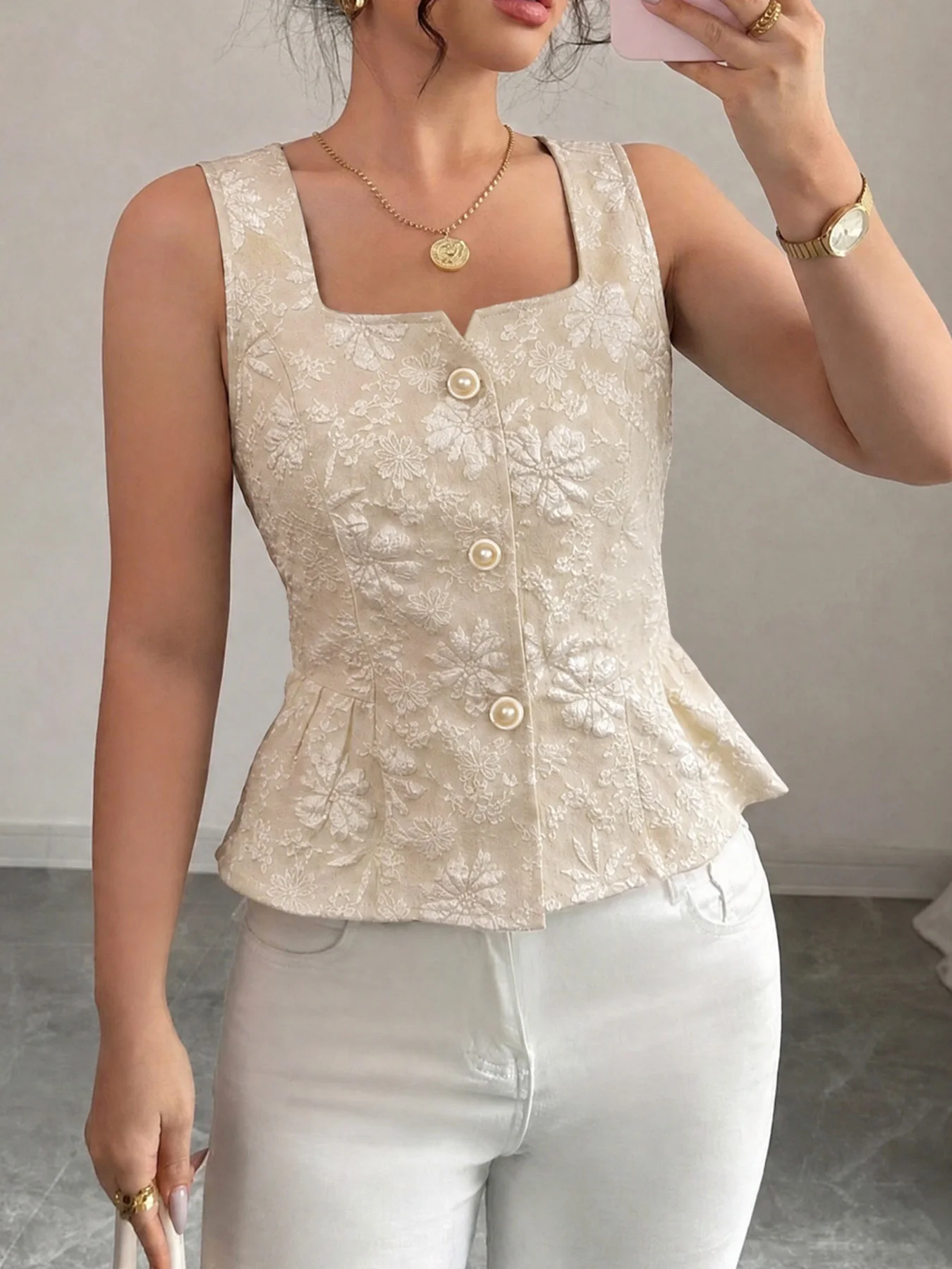 Women's floral-embossed square-neck sleeveless top—a gentle, waist-cinching, and slimming blouse perfect for work.