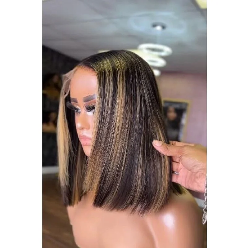 100% Remy Hair Black Blonde mixed Highlights Lace Front Wig Guleless Soft