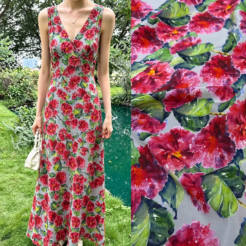 Gorgeous Red Floral Printed Stretch Silk Crepe de Chine Fabric for DIY Sewing Dress Skirt Pajamas Soft Silk Fabric FR6998