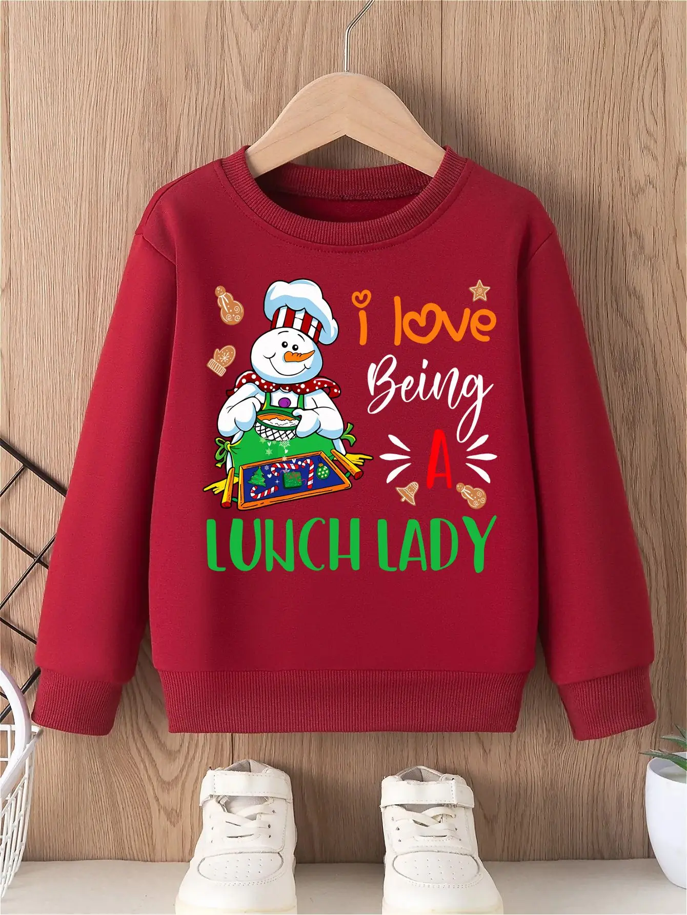 Christmas Girls' Hoodless Sweatshirt Christmas Snowman Chef Gingerbread Men I love Being A LUNCH LADY Text Print Festive Top
