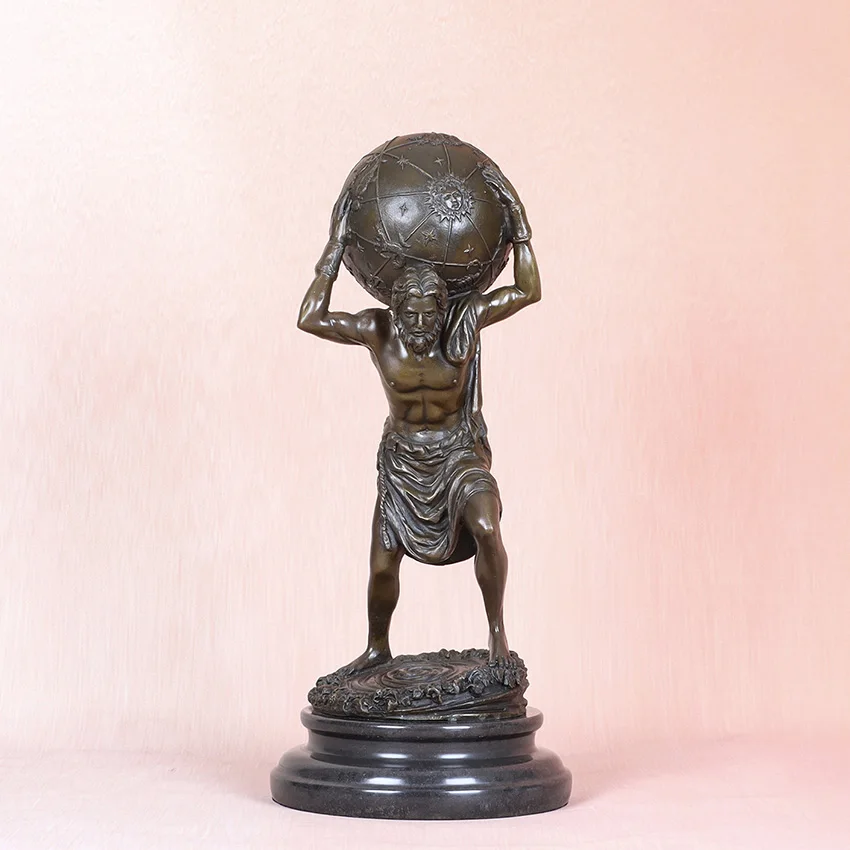 33CM Bronze Greek Titan Atlas Carrying The World Statue Antique Mythology God Sculpture Home Office Decor