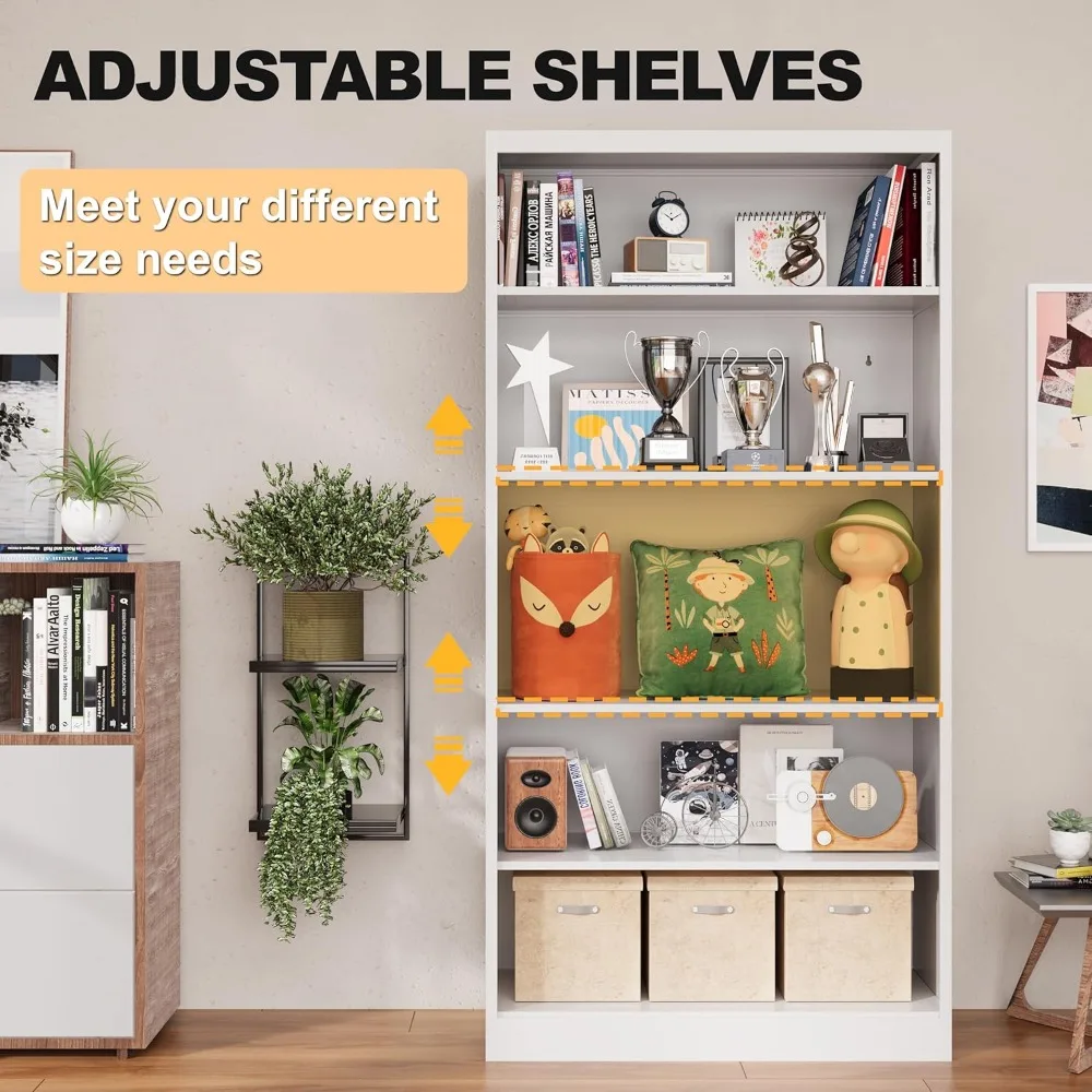 Large 5-Tier Adjustable White Metal Bookshelf - Modern Storage Solution for Books and Decor