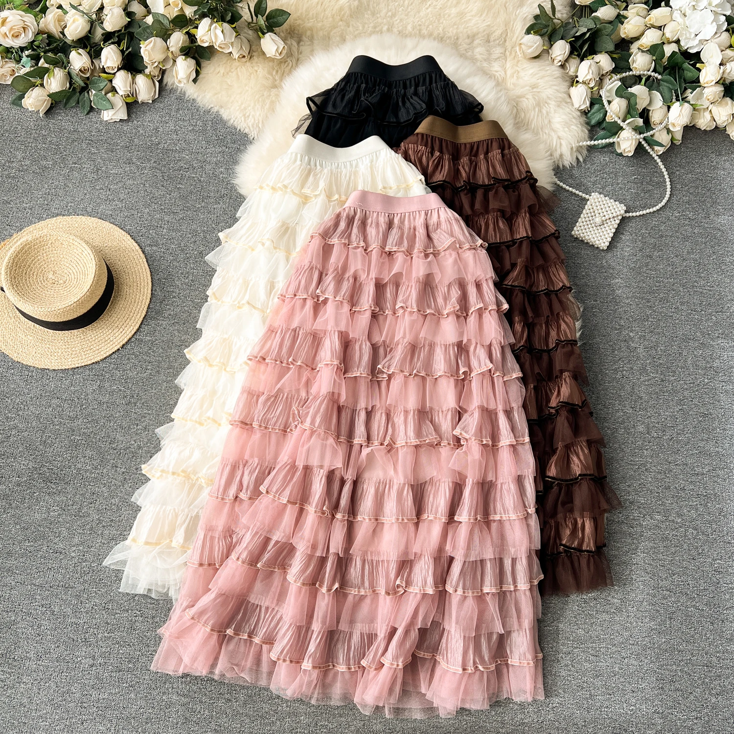 

French Style Sweet Mesh Ball Gown Cake Skirts Women Autumn New High Elastic Waist Elegant Evening Party Skirts