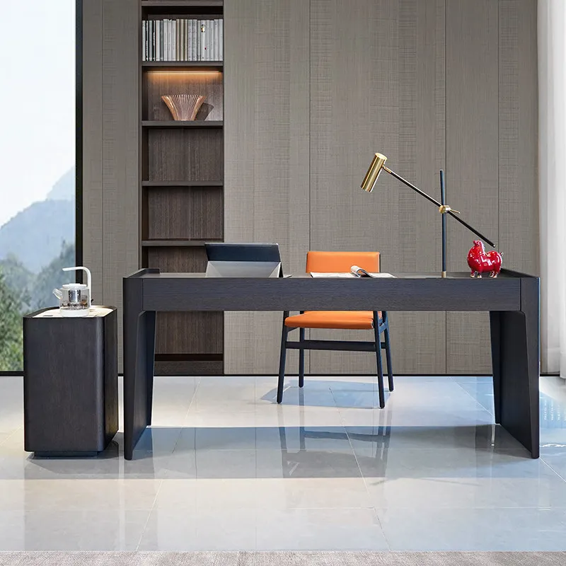 Minimalist study smoky office computer desk, rock slab tea table