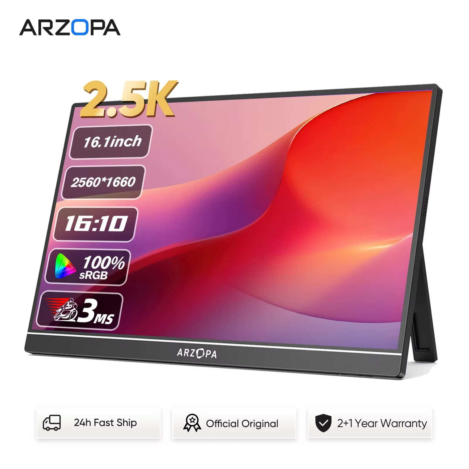 ARZOPA 16' 2.5K QHD Portable Monitor 16:10 IPS Screen with Type-C Mini HDMI Second Display for MAC/Laptop/PC/Xbox/PS/Switch,Z1RC