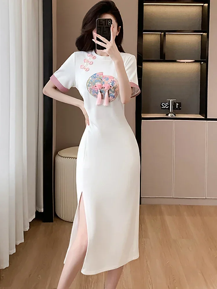 Letnie sukienki z krótkim rękawem Bodycon Prom Clothes Women Korean Elegant Casual Home Dresses 2025 White Print Chic Tassel Luxury Long Dress