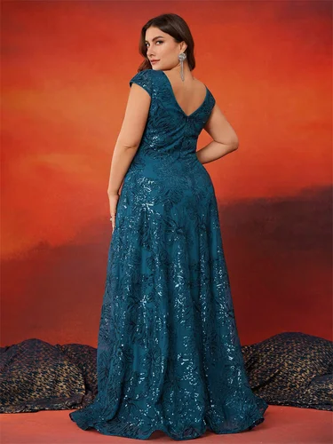 Imagen 2 del producto Vestidos de Noche Elegantes de Talla Grande con Lentejuelas, Espalda en V, Manga Corta, Vestidos Largos de Lujo para Mujer, Estilo Línea A, para Fiesta de Graduación, Boda, Cóctel