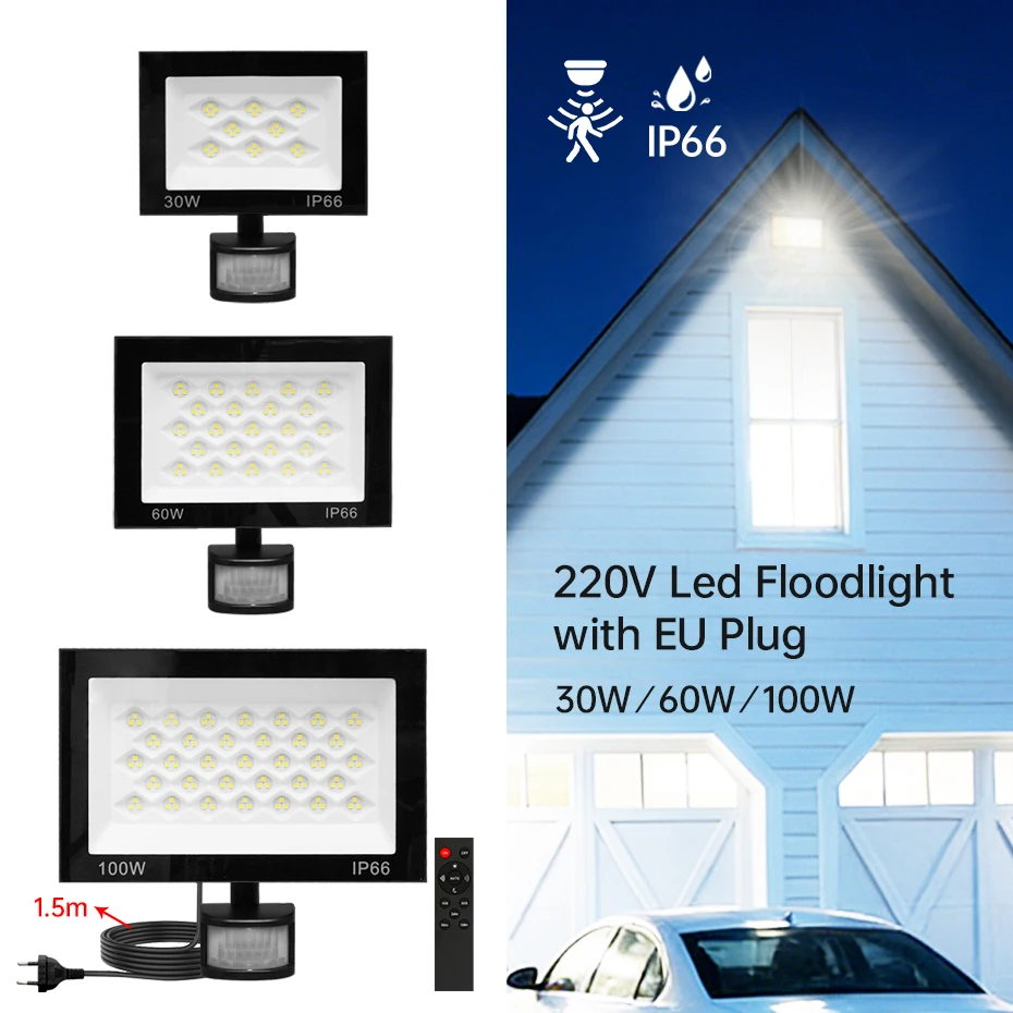 

Светодиодный прожектор AC220V с датчиком PIR, 30-100 Вт, IP66, водонепроницаемый, для наружного освещения сада и улицы, 6500K и ИК-пульт ДУ