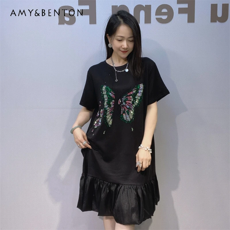 

Casual Elegant O-Neck Short-sleeved Dress Women's Summer Y2k Loose Plaid Ruffles Lace Patchwork Rhinestone Dinner Party Dresses