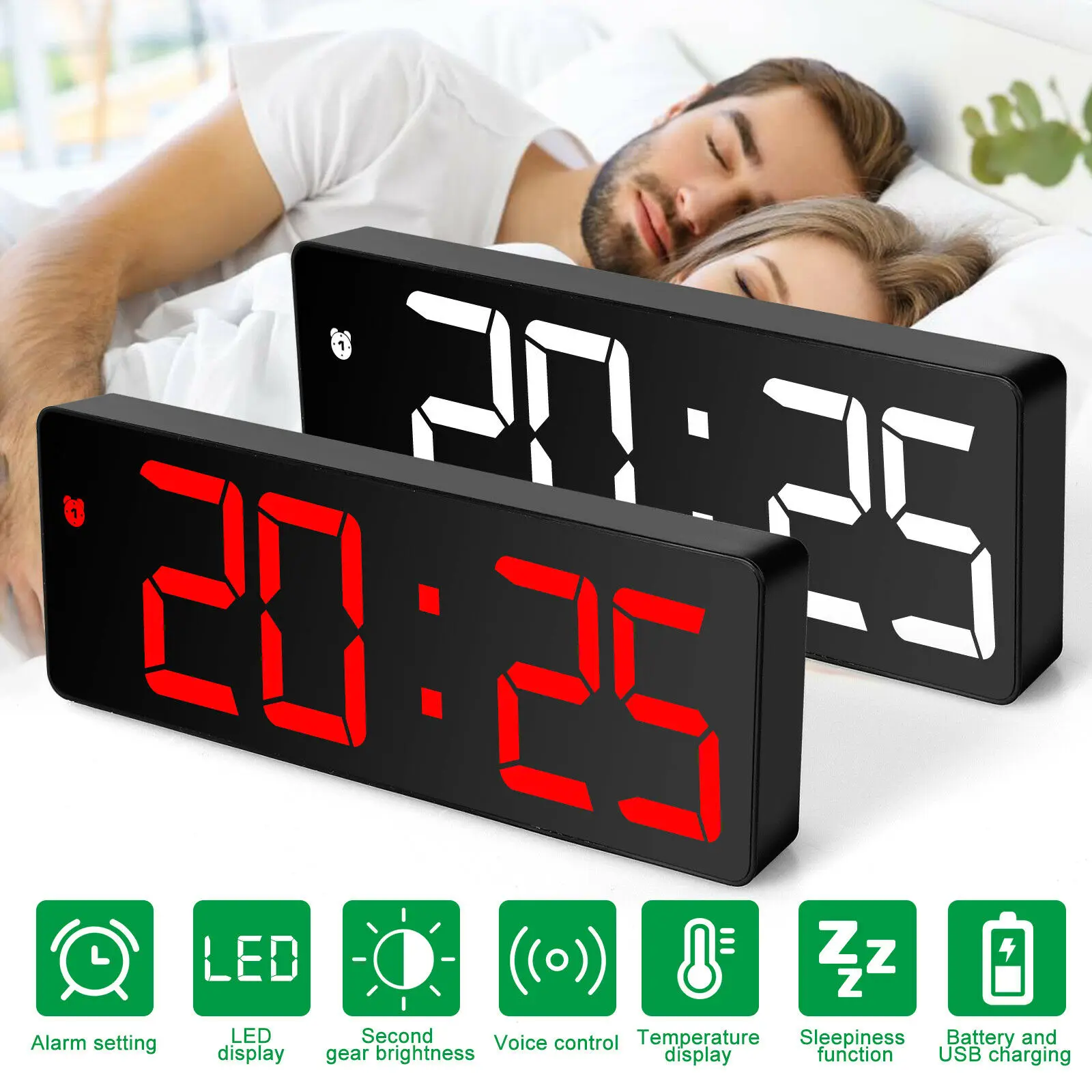 

Mirror Alarm Clock LED Digital Clock Voice Control Snooze Time Temperature Display Night Mode Reloj Despertador with USB Cable