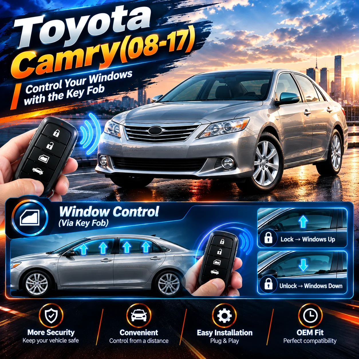 Automatic window-closing module for Toyota Camry (2008–2017) — automatically closes windows upon locking the vehicle.