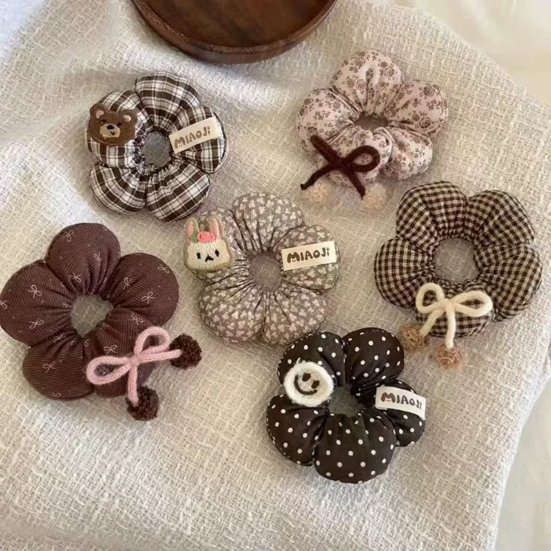 

Floral Print Padded Scrunchies for Hair Brown Tones Dainty Flower Hair Tie for Ponytail & Bun Fall Winter Girls Hair Accessories