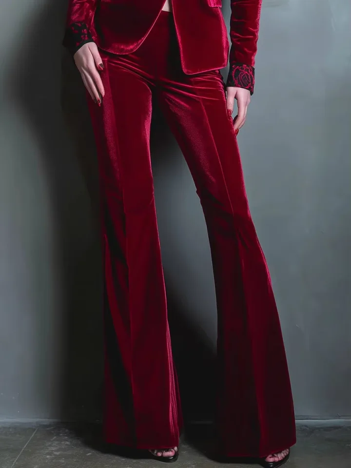 Elegant Velvet Women's Blazer 2-Piece Set  Lace Trim Detail V-Neck Belted Waist Flared Pants for Formal Party Event Customized image 3