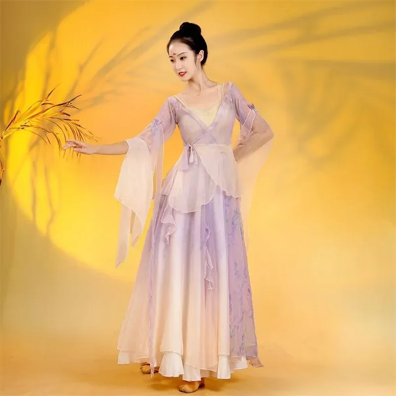 Estilo chinês dança folclórica clássico dançarino trajes de desempenho elegante cardigan prática roupas corpo rima longa gaze exterior