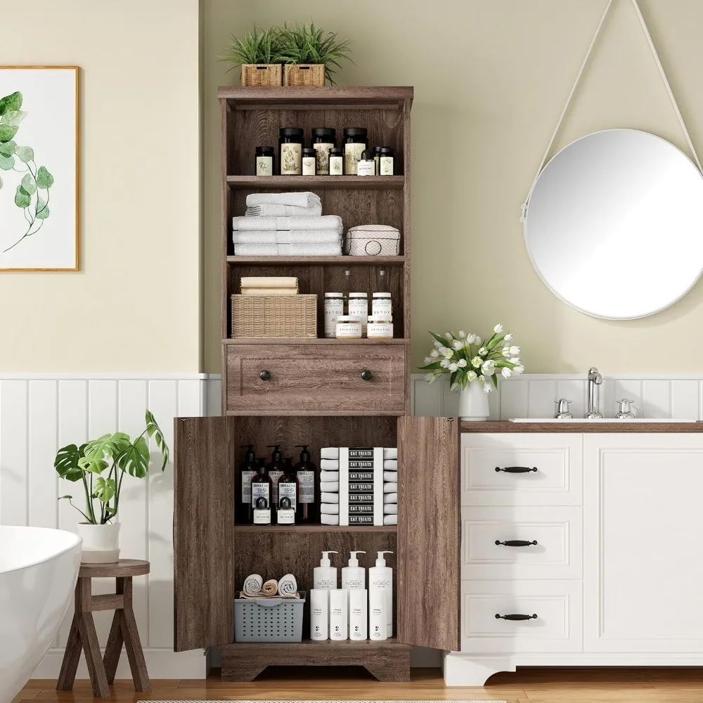 

71 H Tall Bathroom Cabinet, Narrow Storage Cabinet Freestanding with 2 Doors & 1 Drawer, Modern Floor Cabinets with 3-Tier Shelv