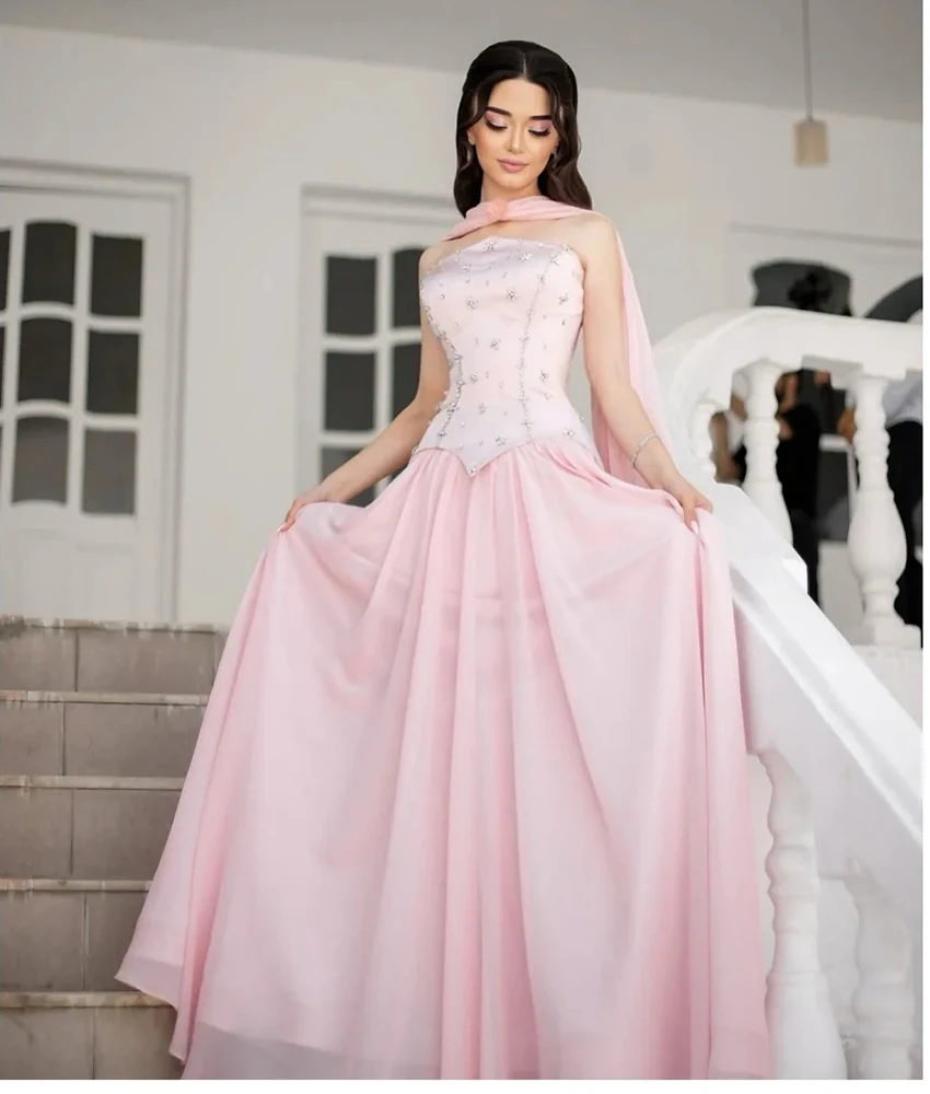 

Customized Graceful Chiffon A-Line 3D Flowers Ribbons Crystal Evening Dress Delicate Strapless Sleeveless Bespoke Occasion Gowns