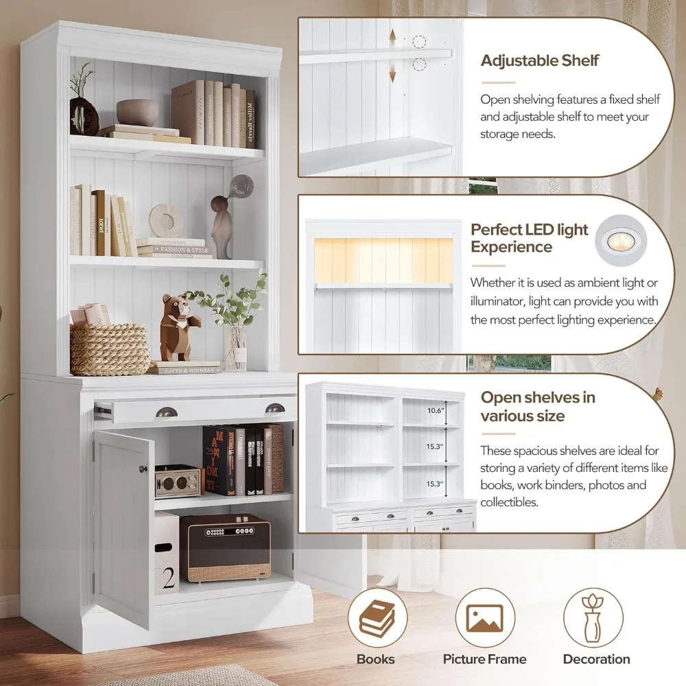 Multi-Purpose Bookcase, High Shelf with 2 Doors, 1 Drawer with LED Lights, Solid Wood Storage Cabinet, Utensil Bookcase