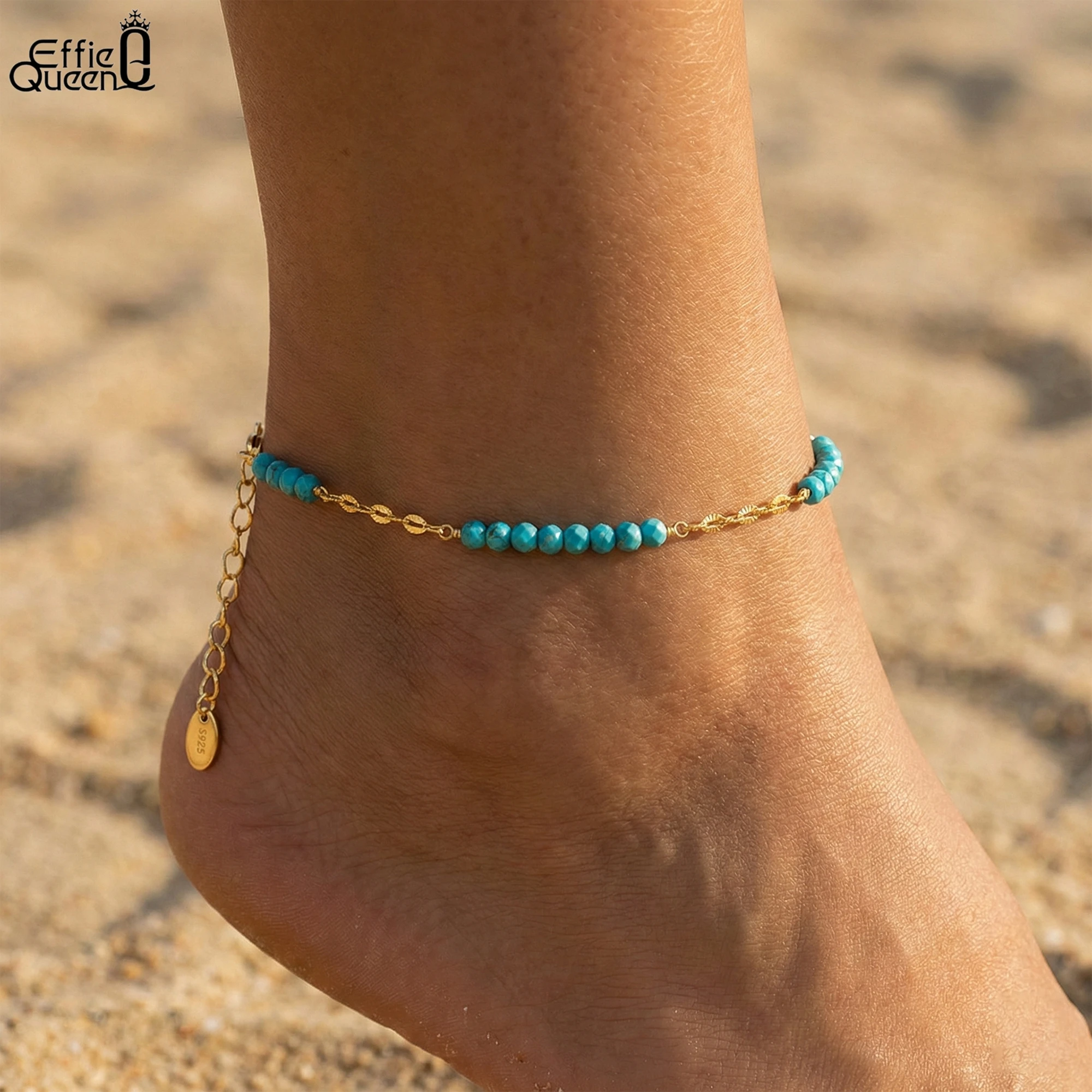 Effie Queen Charming 925 Sterling Silver 3mm Turquoise Anklet Butterfly Link Chain Strand Fashion Item Summer Beach Chain SA85