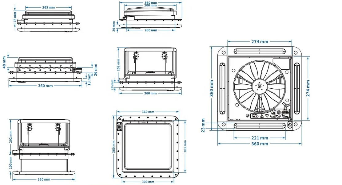 Ventilasi Atap Motorhome 14 DC12V 340 mm Kontrol Manual dengan Lampu LED Tahan UV Kipas Ventilasi Motorhome