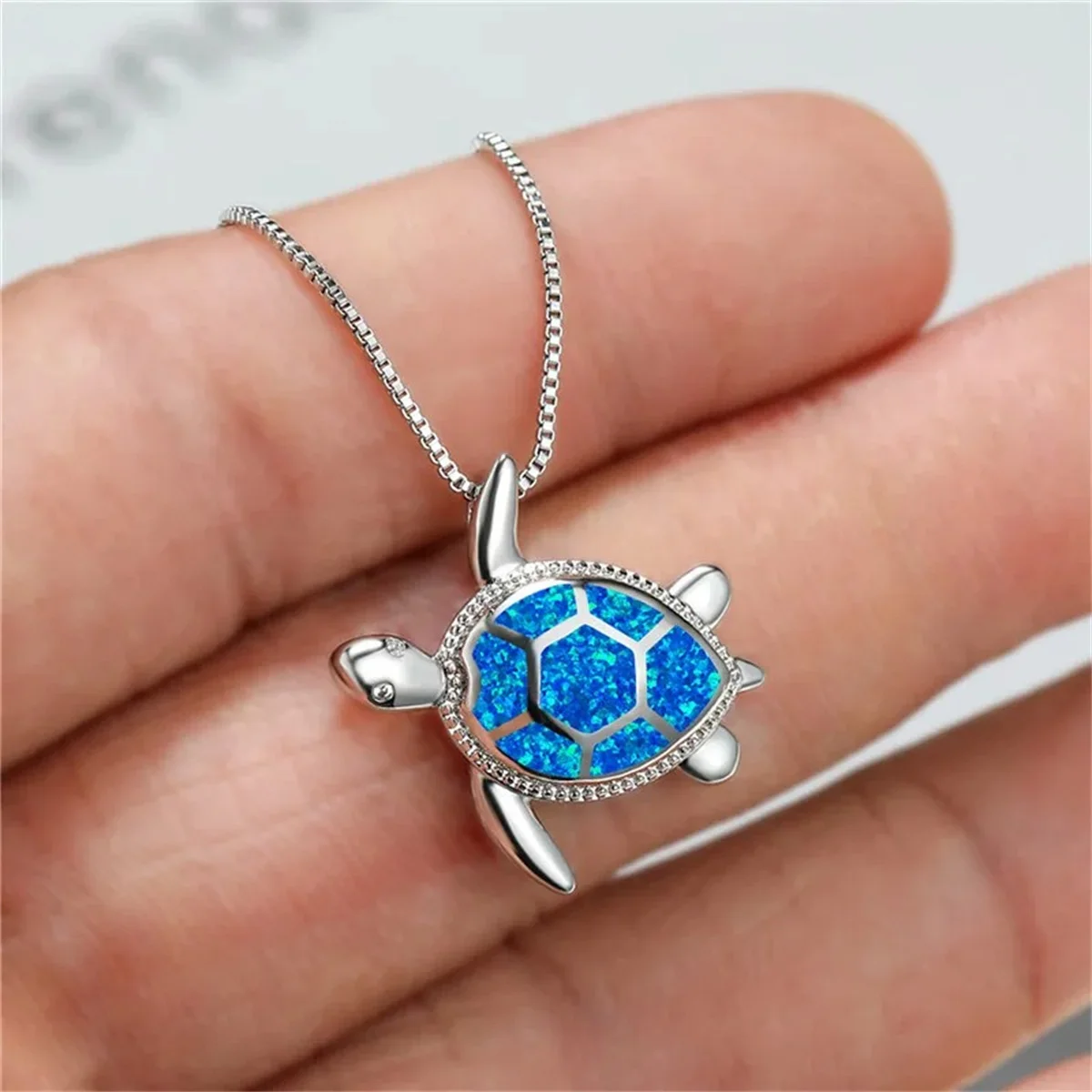 Bohemia Cute Turtle Pendant Necklace For Women Inlay Imitation Blue Opal Necklace Wedding Party Jewelry Christmas Gifts for Her