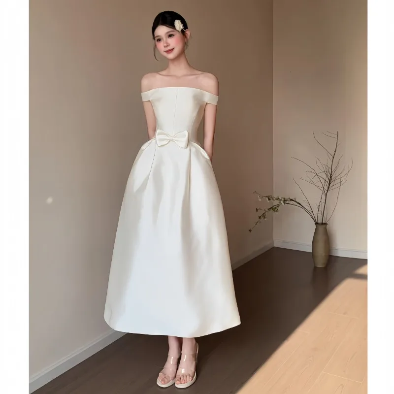 Off Shoulder Satin Midi Wedding Dress Big Bow A Line Simple Bridal Gown With Pockets Women Elopement Engagement Party Dress