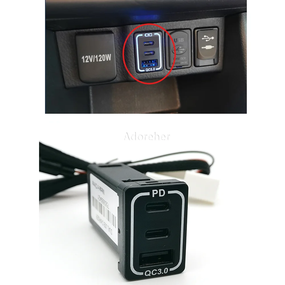 

Двойное автомобильное зарядное устройство USB QC3.0 с кабелем, синий свет, адаптер для быстрой зарядки телефона, автомобиля, аксессуары для Toyota