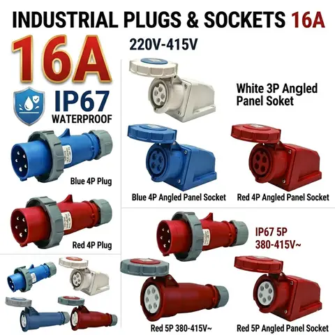 Industrial IP67 Waterproof Plug Socket 16A 220-415V 3P/4P/5P Male Female Connector Angled Wall Surface Mounted Electrical Inlet
