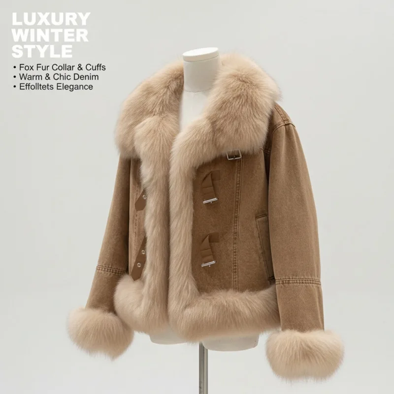 Women's Cotton Jacket Coat Faux Fur Top Fashionable Autumn French Brown Plush Oversized Loose And Thick Polo Neck Coat Top New
