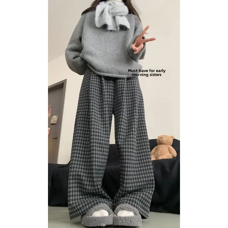 Retro Lazy Sle Wide Leg Pants Women's Autumn Winter Thiened High Waist Casual Woolen Plaid Pants Korean Sle Straight Leg