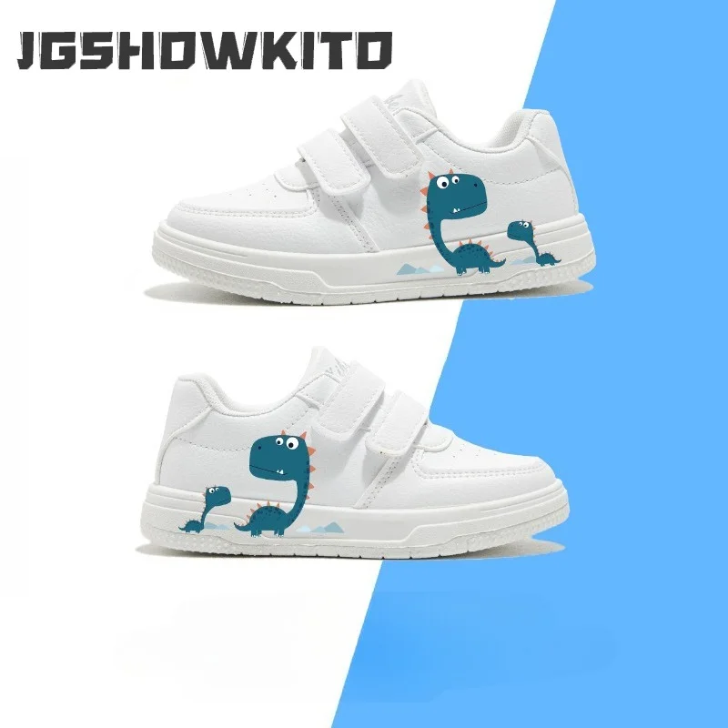 Spring Autumn Gift for Boys School Sneakers White Cartoon Dinosaur Shoes Non-Slip Soft Sole Hook & Loop Casual Canvas Shoes New