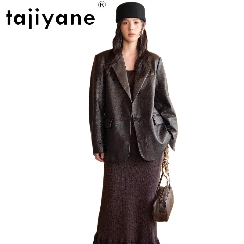 Kurtka damska TAJIYANE z prawdziwej skóry koziej, średniej długości, elegancki płaszcz, wysokiej jakości kurtki ze skóry naturalnej, odzież damska na jesień 2026, nowa kolekcja.