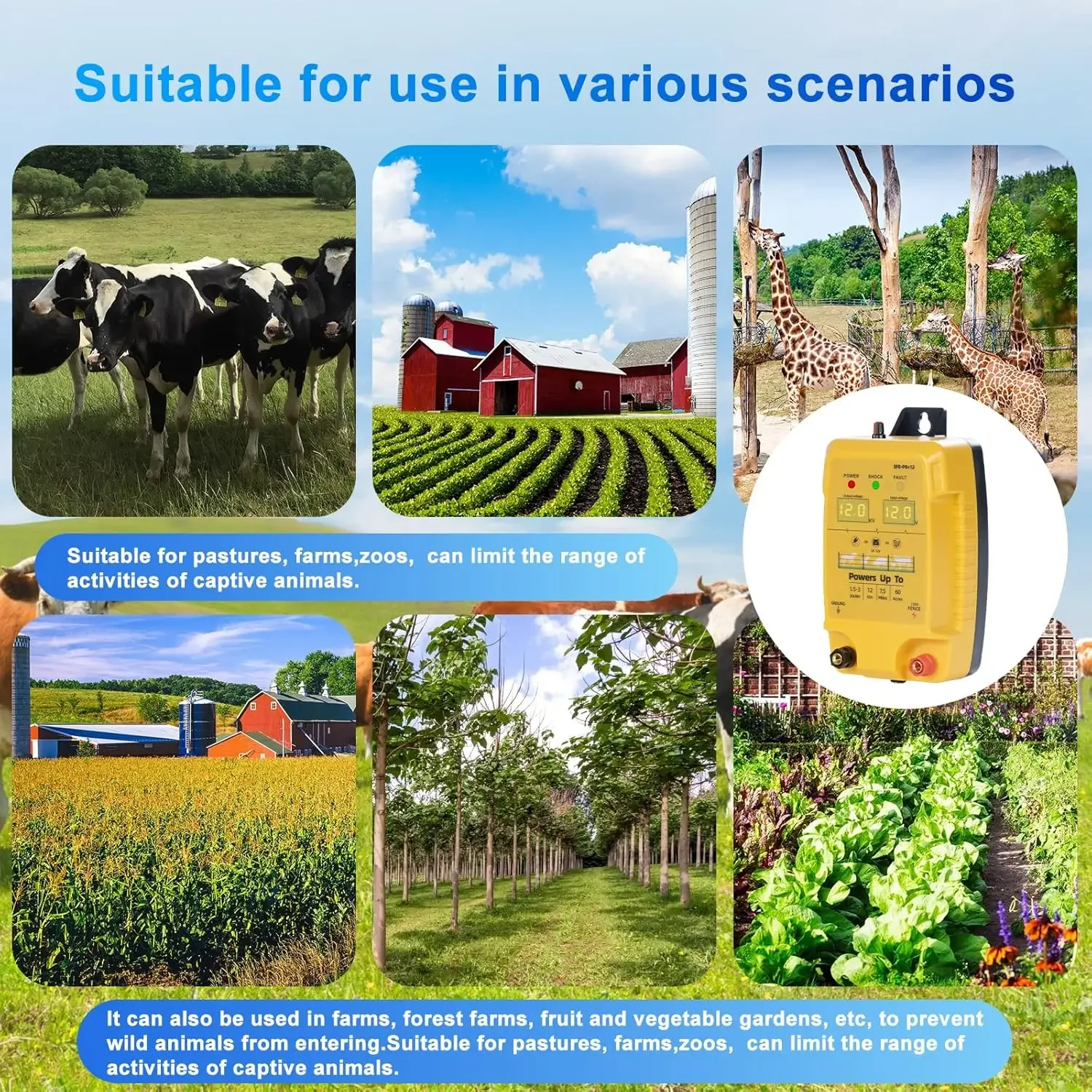 

12KM Electronic Fence Energizer Charger for Preventing Wild Animals Pulse Controller with LCD Display for Farm Sheep Cattle