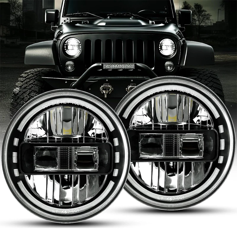 

Car LED 7 Inch Round Headlight DRL Hi/Lo Beam 90W Halo Ring Amber Angel Eye For Beetle Classic Lada Niva URBAN Jeep Wrangler