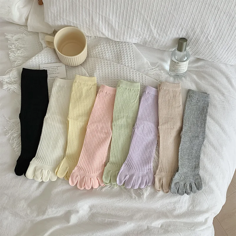 Spring Summer Thin Five Finger Socks Women Girls Solid Striped Split Toe Socks Ins Japanese Sweet Candy Color 5 Toe Cotton Socks