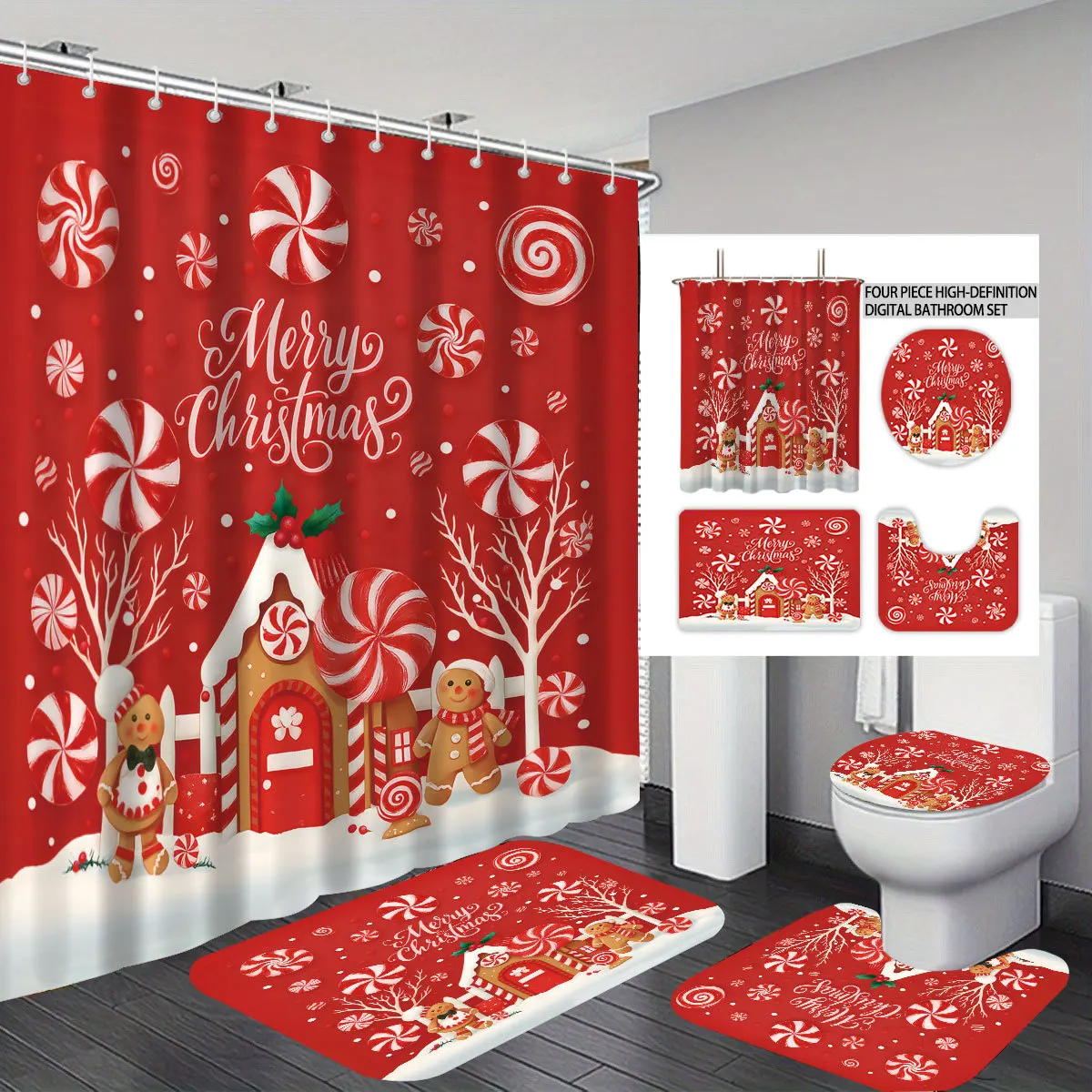 Waterproof Bath curtain set,Christmas Bath Curtain with 12 Hooks,  Floor Mat Toilet Cover Bathroom Home Decor Various sizes