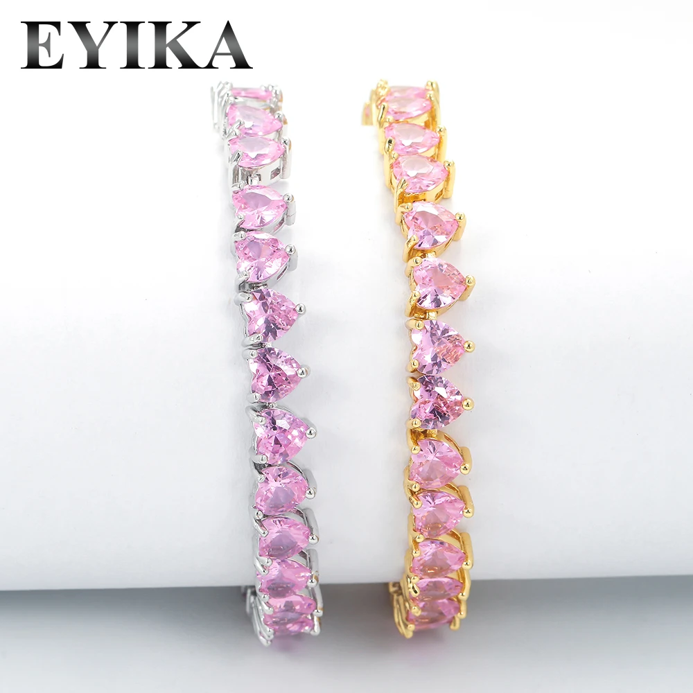 EYIKA Crystal Zircon Love Pink Heart Tennis Bracelet for Women Gold Silver Color Wedding Engagement Luxury Infinity Jewelry