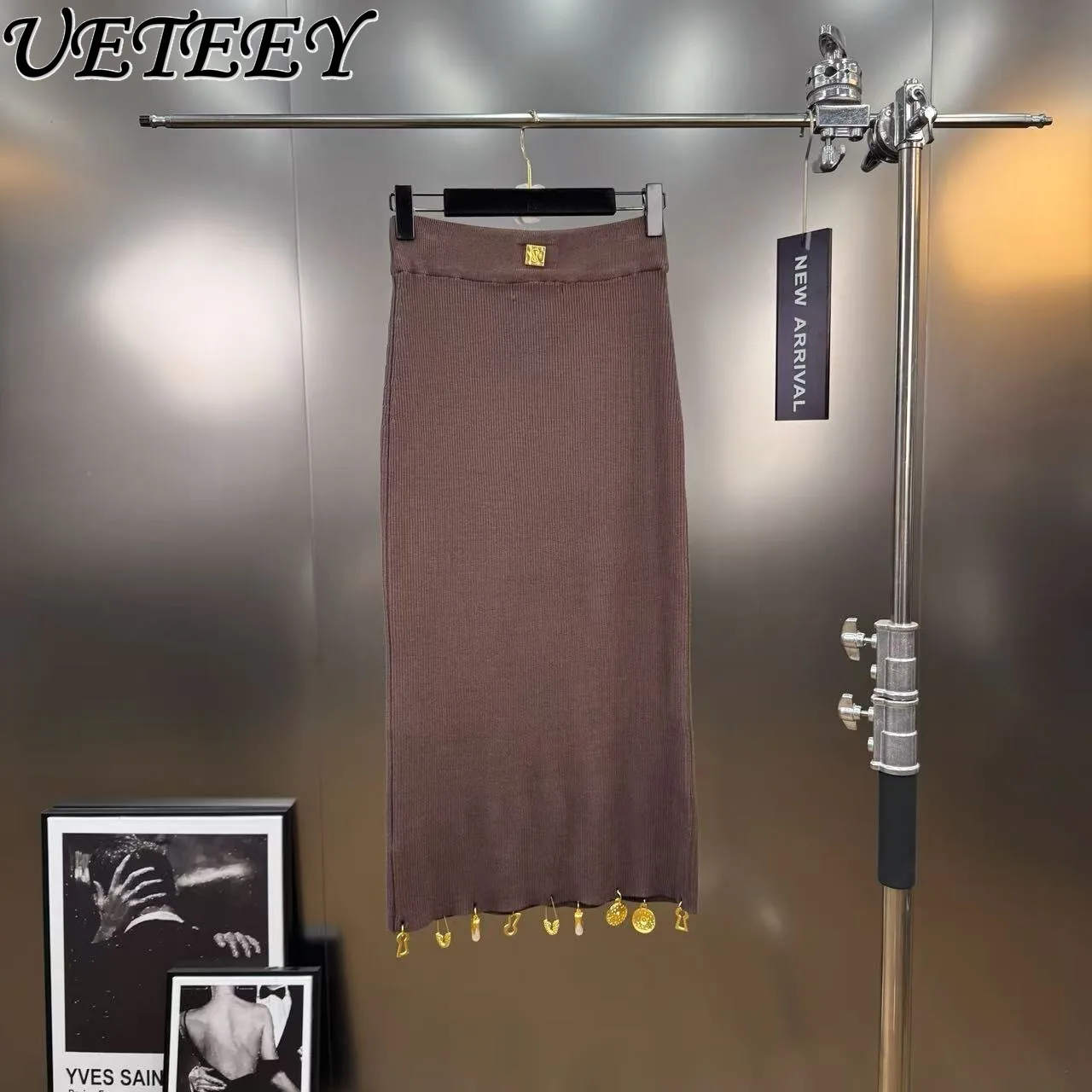 

Autumn Winter Heavy Metal Pendant Half-Zip High Neck Sweater Knitted Pullover and High Waist Long Skirt Slimming Two-Piece Set