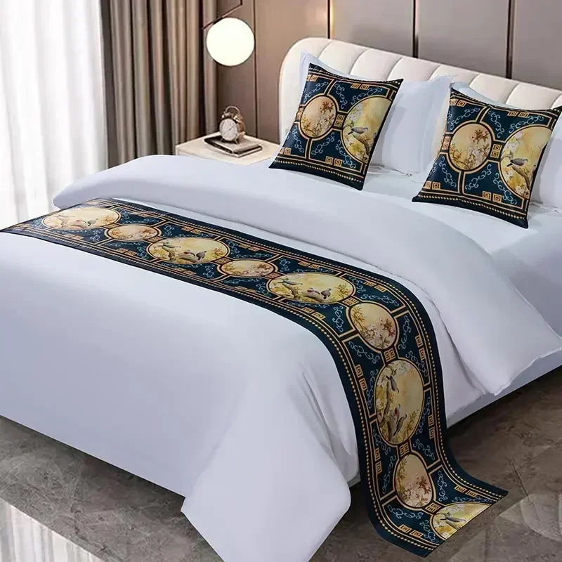 High-grade Embroidery Bed Runners New Chinese Satin Throw Runner Golden Red Bed Flag Covers Pillowcases Bedding Home Hotel Decor