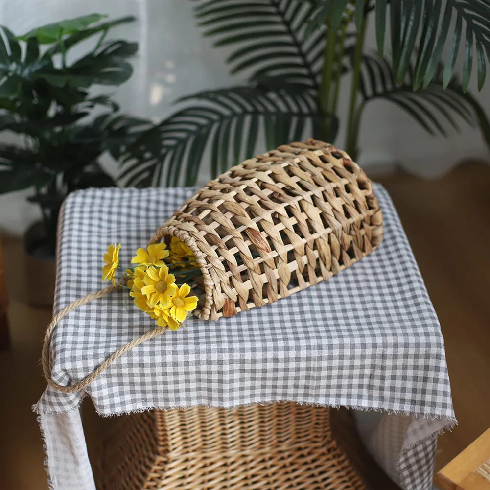 Wall Mounted Straw Flower Vase with Hand Woven Texture for Artificial Plants and Seasonal Decor in Living Spaces and Hallways