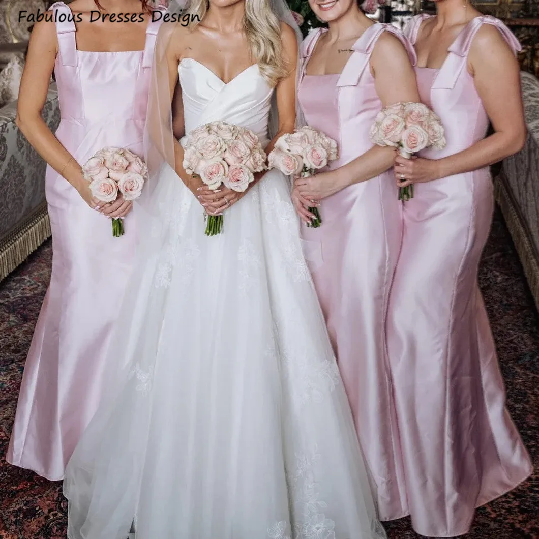 

Formal Pink Long Mermaid Bridesmaid Dresses Square Collar Bow Wide Shoulder Straps Wedding Party Dress 2025 Women Maid Of Honor