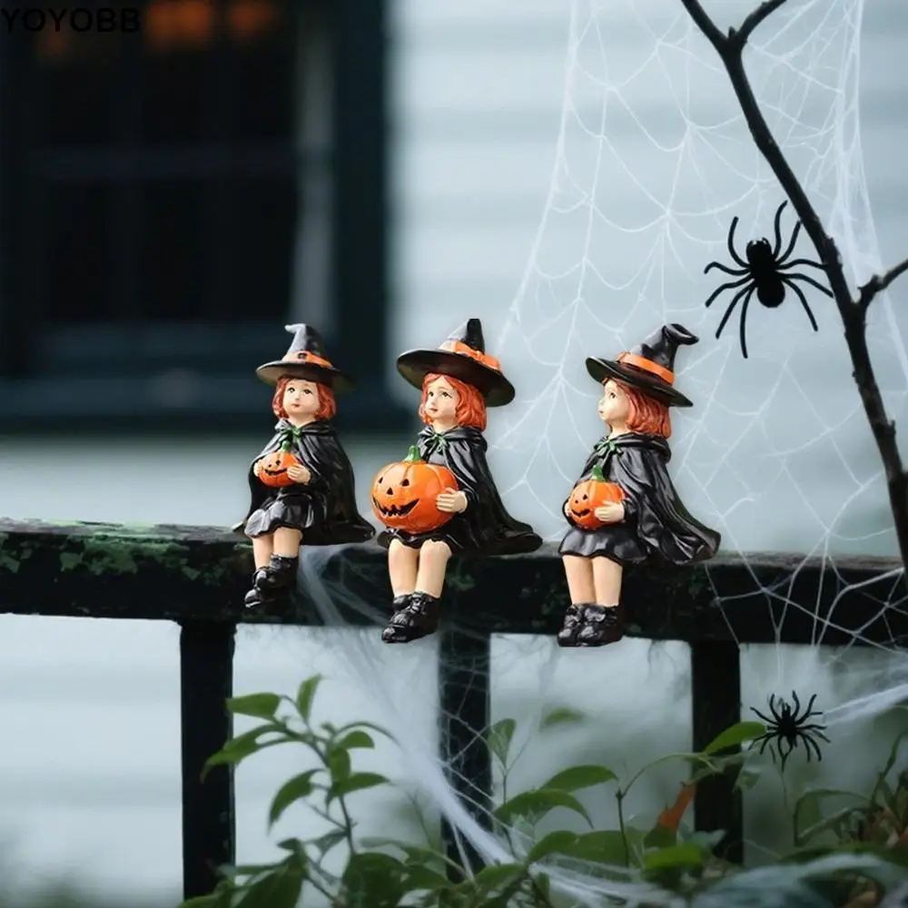 

3pcs Cute Witch Holding Pumpkin Statue Handmade Decoration Halloween Statue Resin Crafts Pumpkin Witch Figurine Office Cabinet