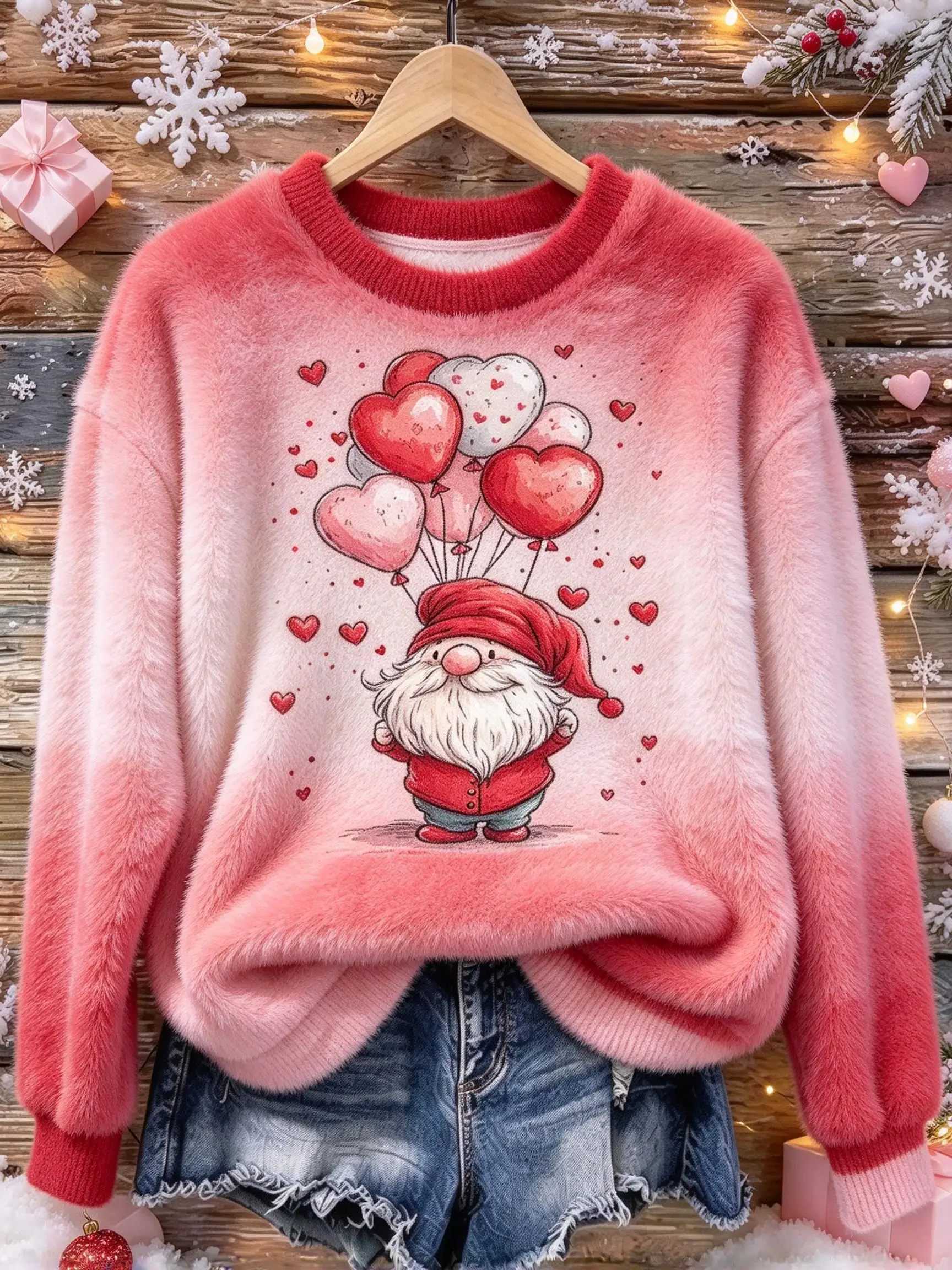Soft Flannel Sweatshirt for Women Christmas Gradient Color Cute Gnome Snowman Heart Balloon Crewneck Pullover