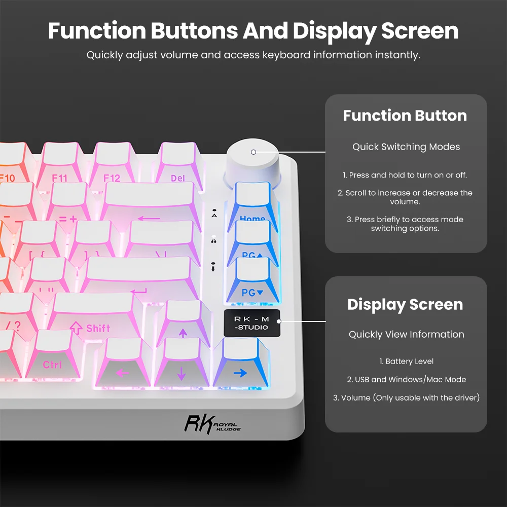 RK ROYAL KLUDGE M75 Gasket Mechanical Keyboard 2.4G Wireless/Bluetooth/USB 75% RGB Hot-Swappable Gaming Keyboard with Display