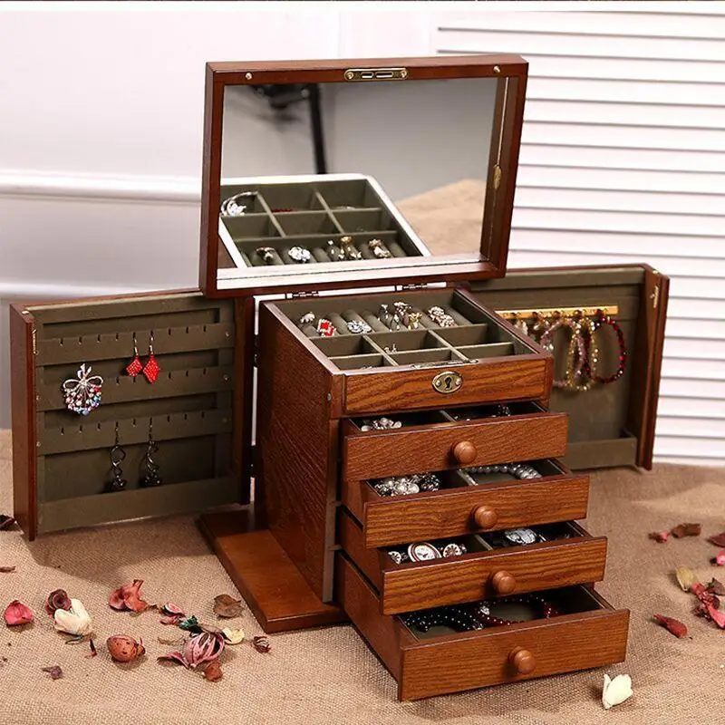 

Jewelry box with lock, wooden retro Chinese jewelry storage box with mirror, dresser box, large capacity