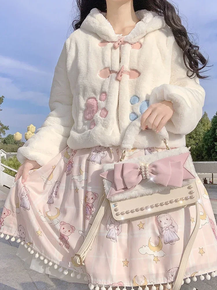 Lolita Fluffy Women Hooded Crop Coat 2024 Y2k Aesthetic Grunge Horn Toggle Button Rabbit Ear Harajuku s Cute Tops