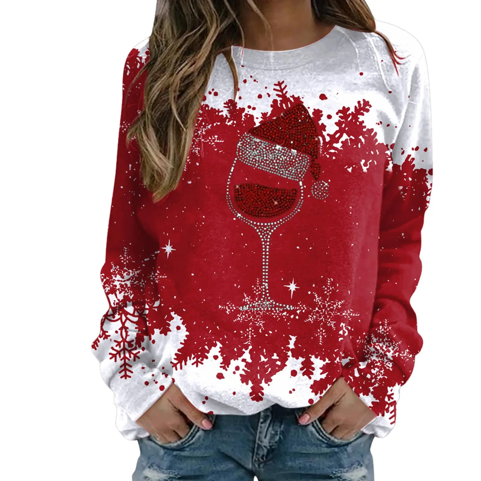 Christmas Elk wine glass pattern women long sleeved T-shirt fun 3D print T-shirt casual O-neck loose pullover Christmas clothing