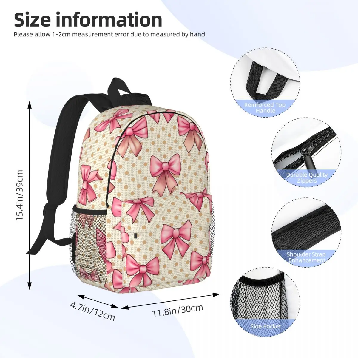 Pink Bow And Polka Dot Boho Style Backpack Daypack Large Capacity Boys Girls BookBag Shoulder Bags for Men Women Kids School Bag